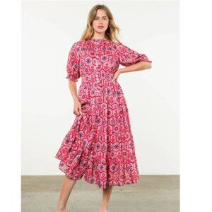 Women's THML Pink Blue Green Patterned Tiered Midi Dress - Medium